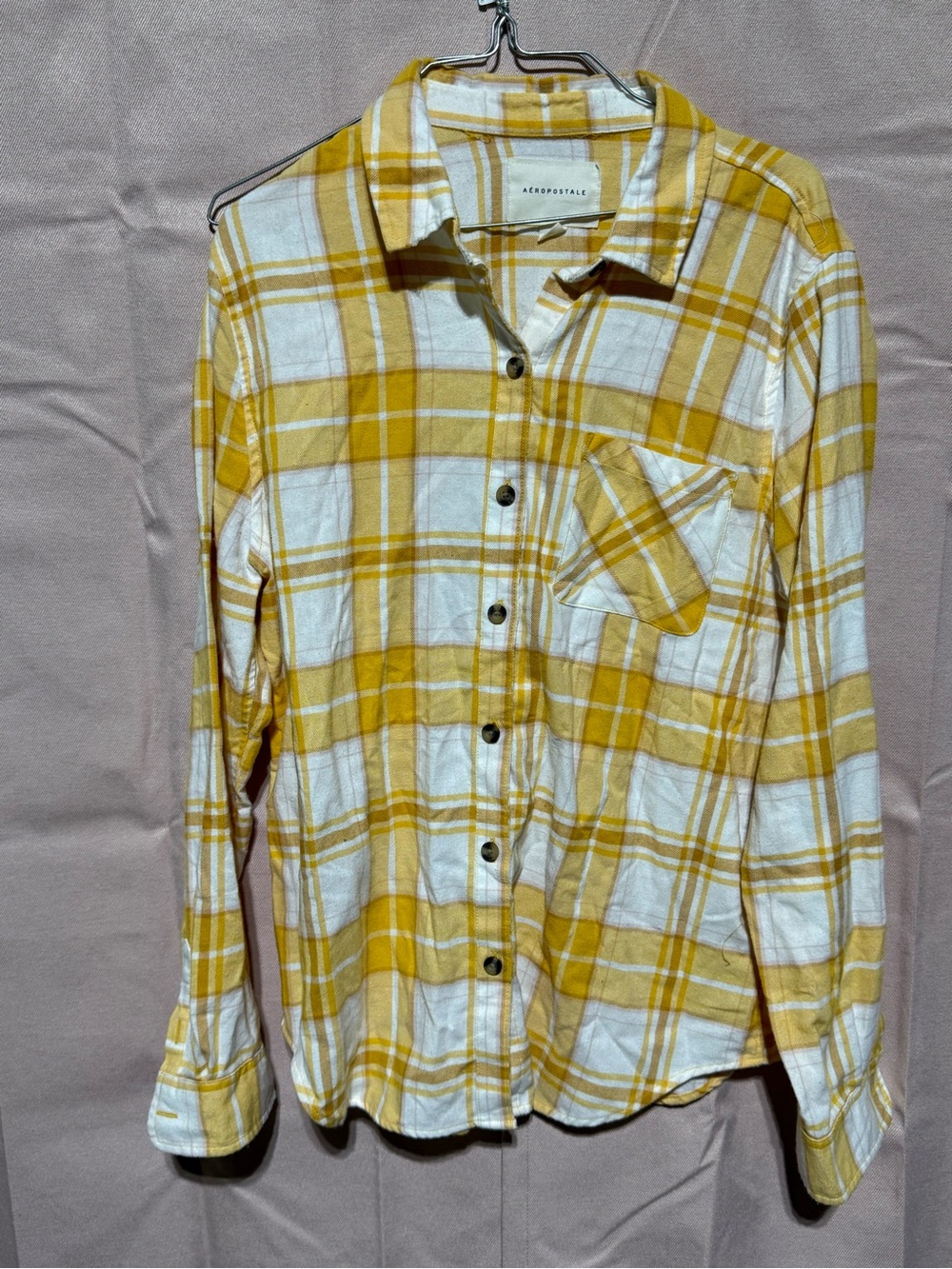 Aeropostale Yellow and White Plaid Button-Down Shirt L